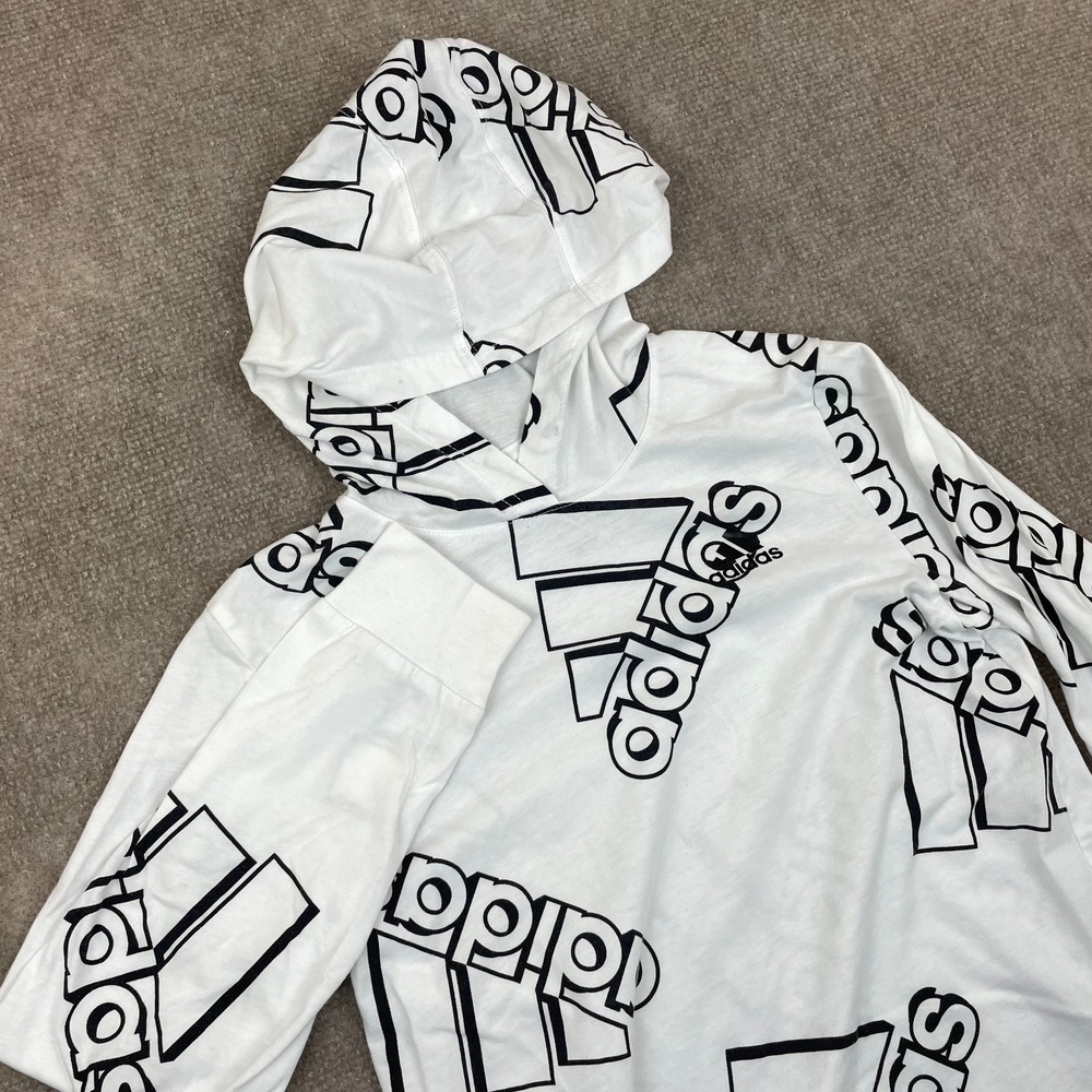 Adidas Hooded Shirt Boys Medium White Regular Double Exposed Long Sleeve Logo